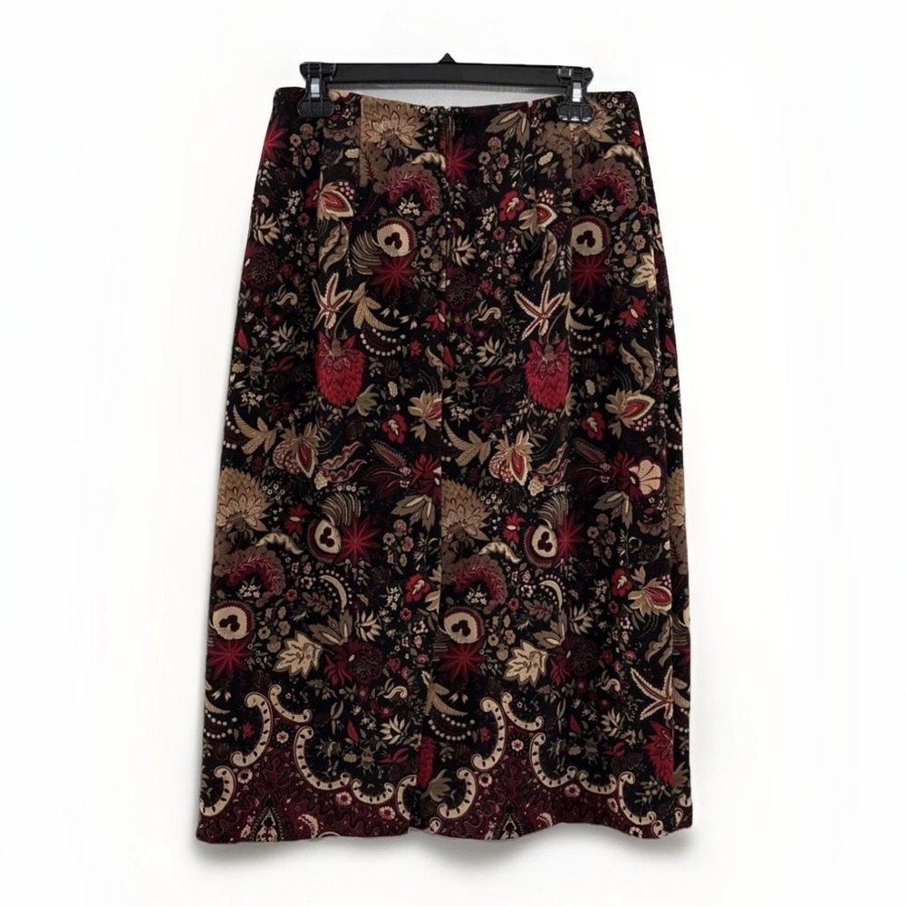 Vintage Briggs New York Sz 10P Floral Paisley Midi Skirt Black Red Tan Boho Y2K - Picture 2 of 7